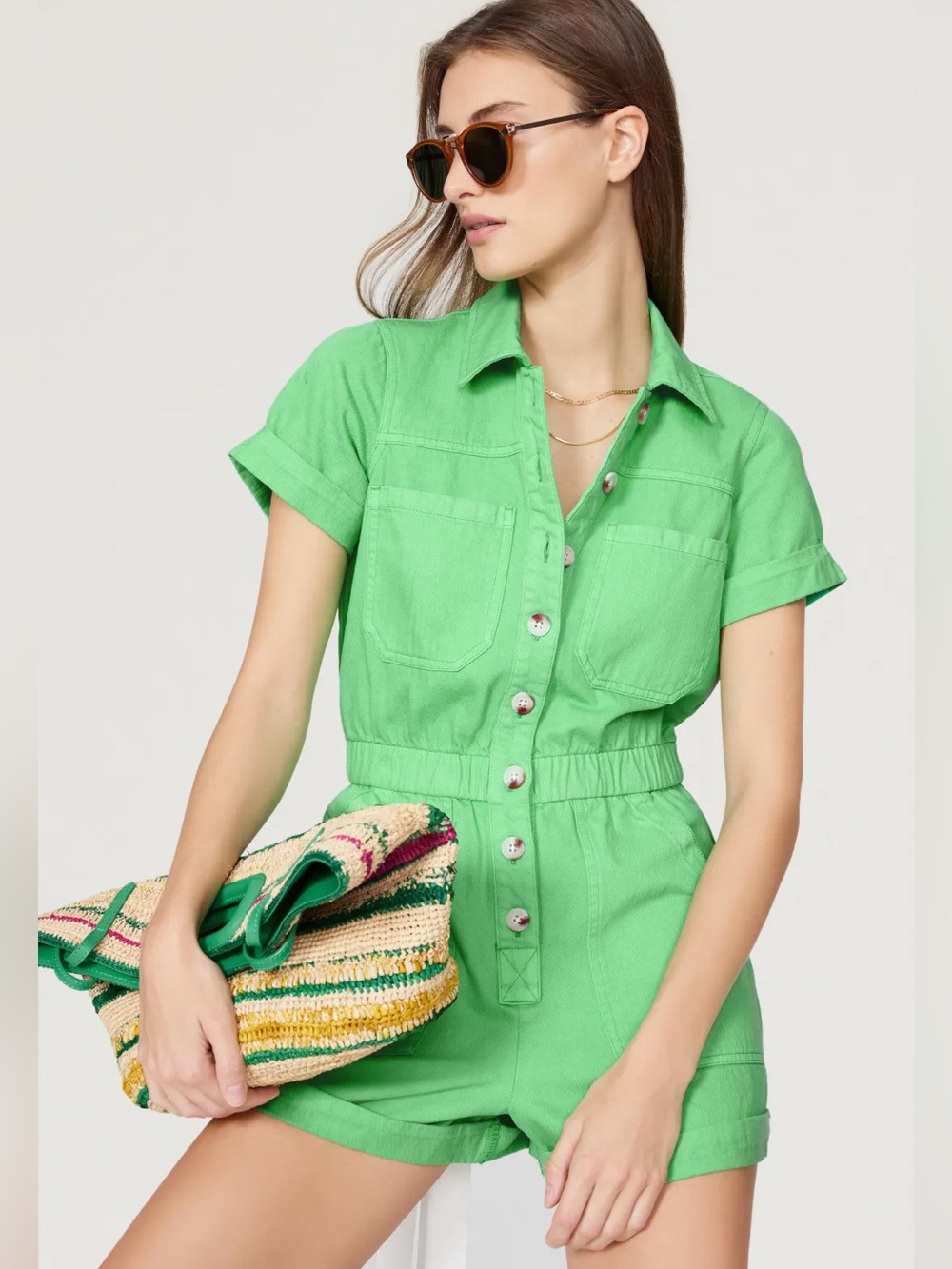 Show Me Your Mumu Green Cannon Romper Denim Size Large Vacation Summer Vibrant